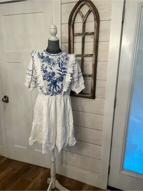 Umgee White Mini Dress with Blue Floral Embroidery